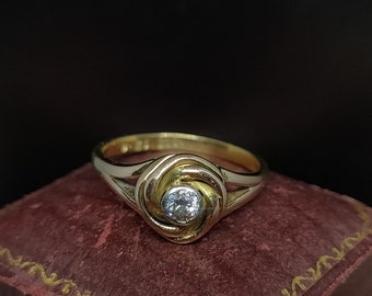 Beautiful Antique Edwardian Circa 1910 Decorative Spiral Knot Design Bezel Set Natural Solitaire 0.15 Carat Diamond 18ct Yellow Gold Ring