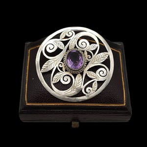 Beautiful Antique Edwardian Skillfully Crafted Decorative Scrolling Floral Design Bezel Set Natural Amethyst Sterling Silver Brooch - 46mm