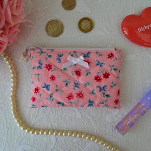 Handmade Small Zipper Coin Purse - Pink Floral Wallet - Pink Coin Pouch - Coquette Girly Gift for Her