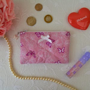 Handmade Small Zipper Coin Purse - Pink Butterfly Wallet - Floral Coin Pouch - Coquette Girly Gift for Her