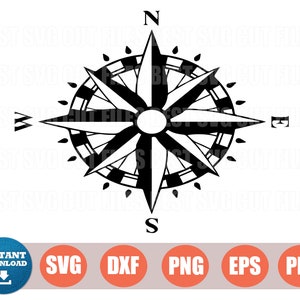 Könnte beinhalten: Schwarz-weißer Kompass mit den Himmelsrichtungen N, S, E und W. Der Kompass ist kreisförmig mit einem Stern in der Mitte.