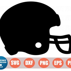May include: Black and white silhouette of a football helmet. The helmet has a face mask with a grill.
