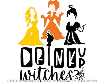 May include: Black and orange silhouette of three witches with the text "DRINKY witches" below them.
