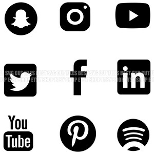 May include: Black and white icons of popular social media platforms including Facebook, Twitter, Instagram, YouTube, Pinterest, Spotify, Snapchat, LinkedIn, and a camera icon.