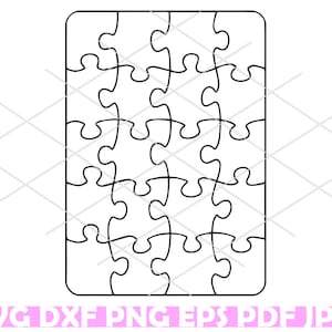 May include: A black and white outline of a 12-piece puzzle. The puzzle pieces are arranged in a 3x4 grid.