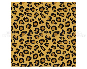 May include: A seamless pattern featuring a leopard print design. The background is a light brown color with black spots of varying sizes.