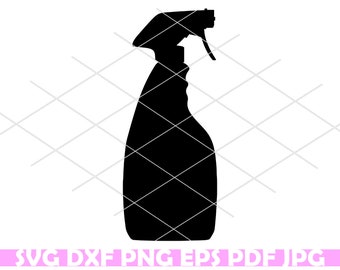 May include: A black silhouette of a spray bottle with a trigger nozzle. The bottle is tall and slender with a rounded base.