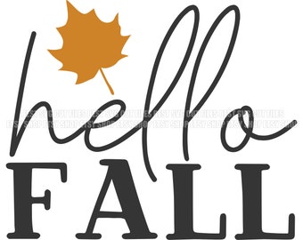 Könnte beinhalten: Ein schwarz-weißes Grafikdesign mit dem Text "hello fall" und einem stilisierten orangefarbenen Ahornblatt.