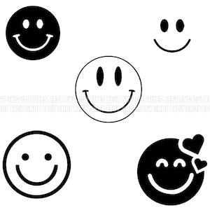 Könnte beinhalten: Fünf schwarz-weiße Smiley-Symbole. Ein Smiley hat zwei Herzen darüber.