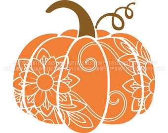 May include: An orange pumpkin with a white floral design. The pumpkin has a brown stem and a curly vine.