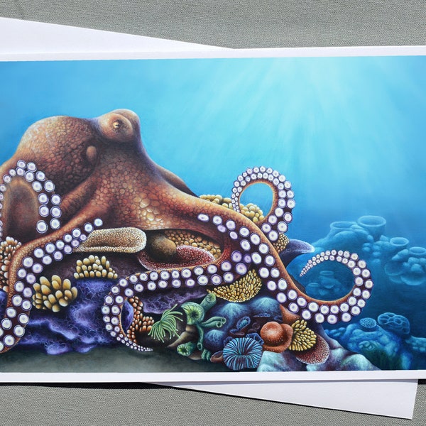 Octopus Coral Seascape Card | 5”x7” Blank Greetings Card | Original Artwork by Tasha Lowe