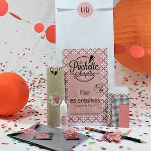 Pochette surprise créative - cadeau personnalisé prénom - kit scrapbooking - DIY dès 8 ans - papeterie rose argent brun - kit papeterie