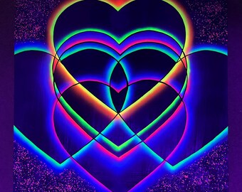 Peinture acrylique réactive UV noire légère, peinte à la main, coeurs lumineux, aérographe artistique fait main