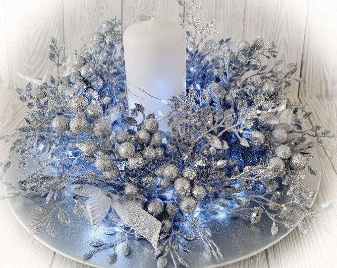 Silver Christmas Candle Centrepiece, Light up Christmas Table