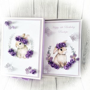 Carte d'anniversaire en boîte de luxe, carte personnalisée petite fille lapin femelle
