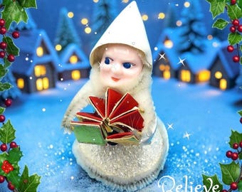 Vintage Elf with Accordion Ornament White Mica Snow Chenille Flocked Hat Putz Christmas Decor 1950s Japan