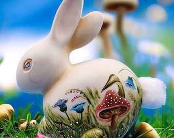 Vintage Bunny Rabbit Cotton Ball Holder Figurine Mushroom Floral Handpainted Design Bath Vanity Home Garnder Gift Farmhouse Cottage Core
