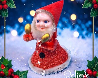 Vintage Elf with Maracas Ornament Red Mica Snow Chenille Flocked Hat Putz Christmas Decor 1950s Japan
