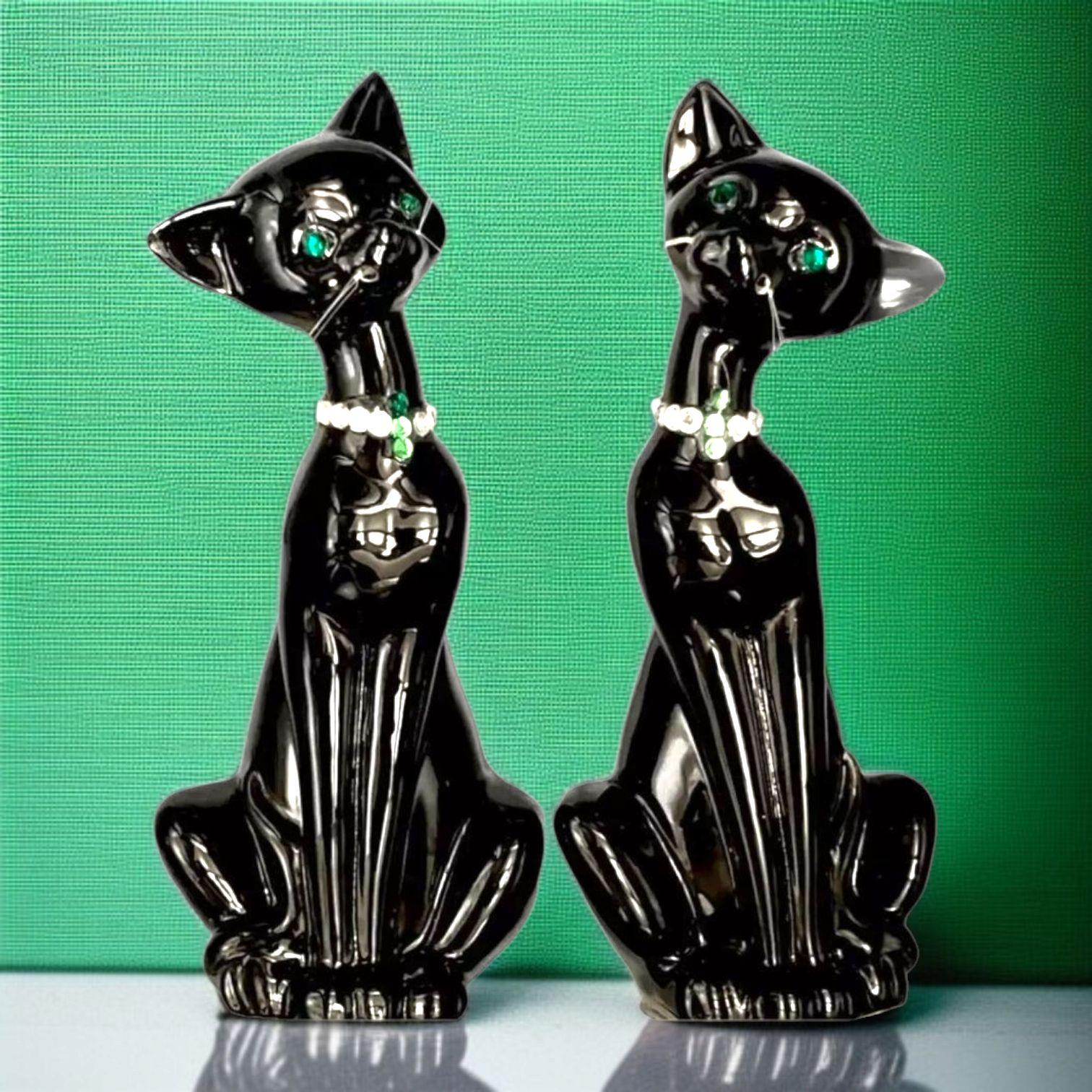 Black Cat Figurines Green Rhinestone Eyes & Jewel Collars Brinns