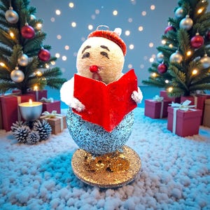 Pode incluir: Enfeite de Natal de boneco de neve com chapéu e livro vermelhos, em um cenário de árvores de Natal em miniatura, presentes e uma vela. O boneco de neve tem um corpo azul brilhante e uma base dourada, criando uma cena festiva.