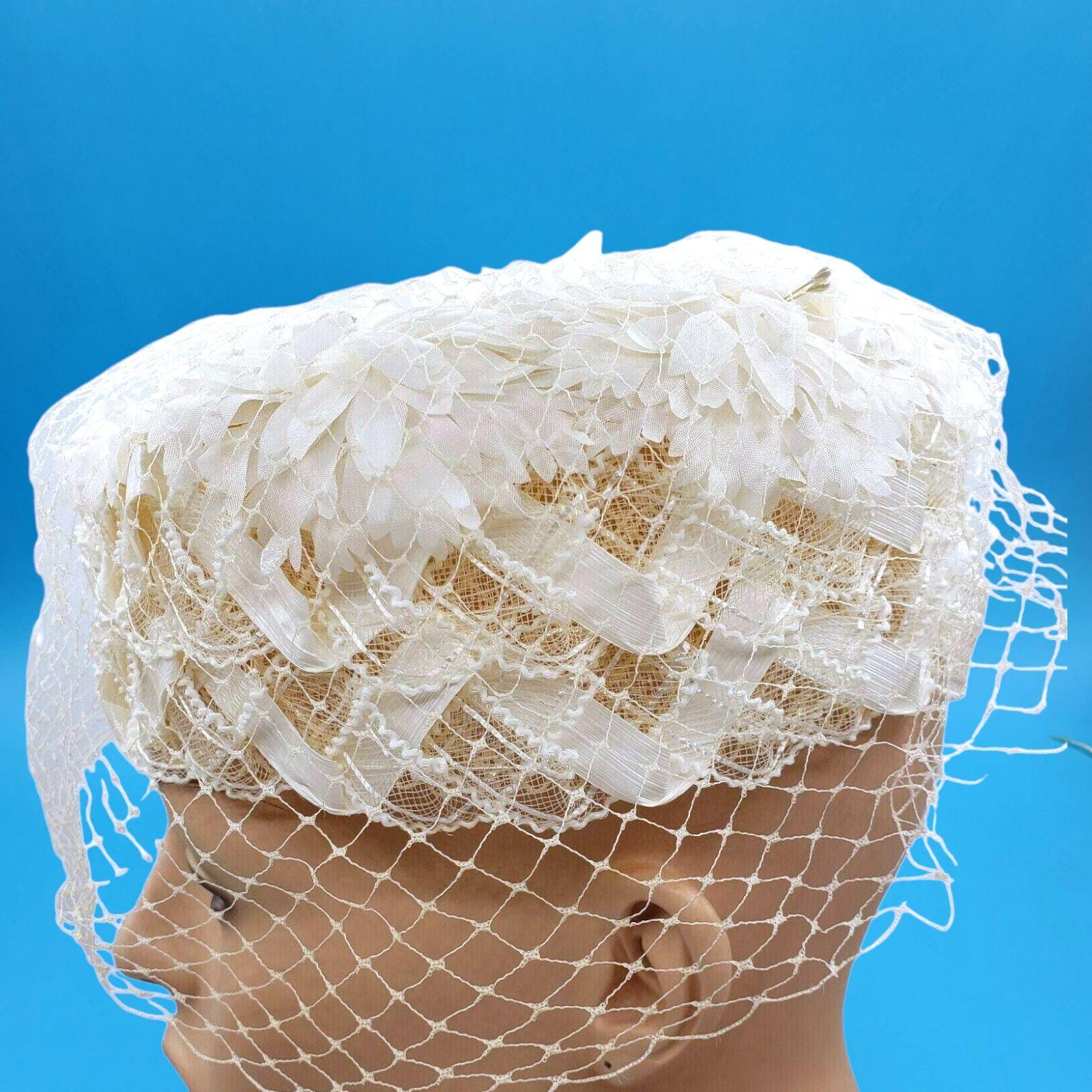 Vintage Famous Barr Ivory Beaded Pillbox Hat Birdcage Veil Union Made Straw pillbox bridal hat with birdcage veil main image 3