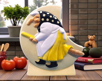 Vintage 1950s Kitchen Witch Napkin Holder Yellow Black Health & Happiness Scandinavian Design Good Luck Made in Japan