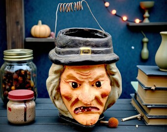Secchiello da strega Poliwoggs vintage degli anni '90, in cartapesta primitiva, in stile mini, decorazione di Halloween, arte popolare, secchio da collezione