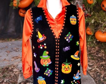 90s Womens XL Halloween Ghost Pumpkins Embellished Cardigan Sweater Vest Womens Knit Sweater Vest Vintage Halloween Sweater Etsy