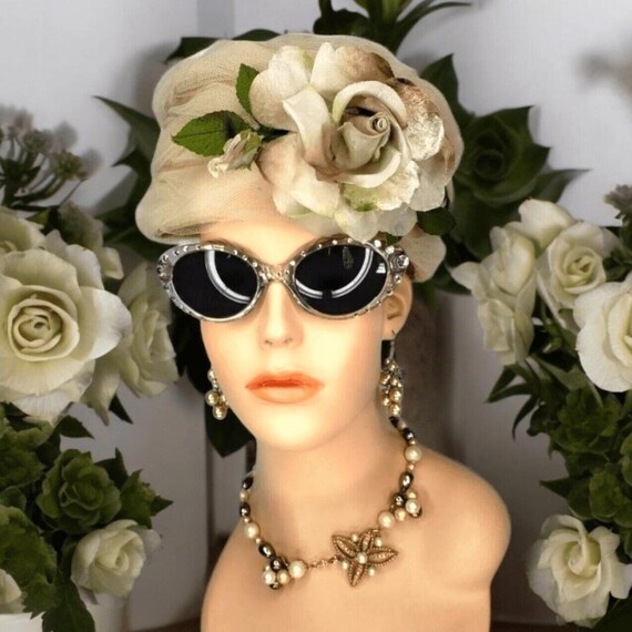 Vintage Silk Rose Millinery Floral Turban Pillbox Hat Tulle  display picture 2