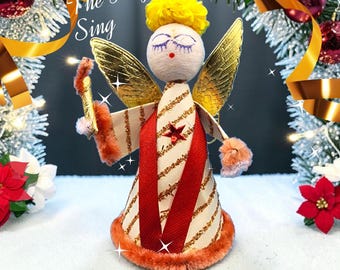 Ornamento vintage a forma di angelo in cotone filato anni '50 Giappone Ali in lamina d'oro Mica Glitter Cinilla Candela Aureola Nastro rosso Stella Natale v1