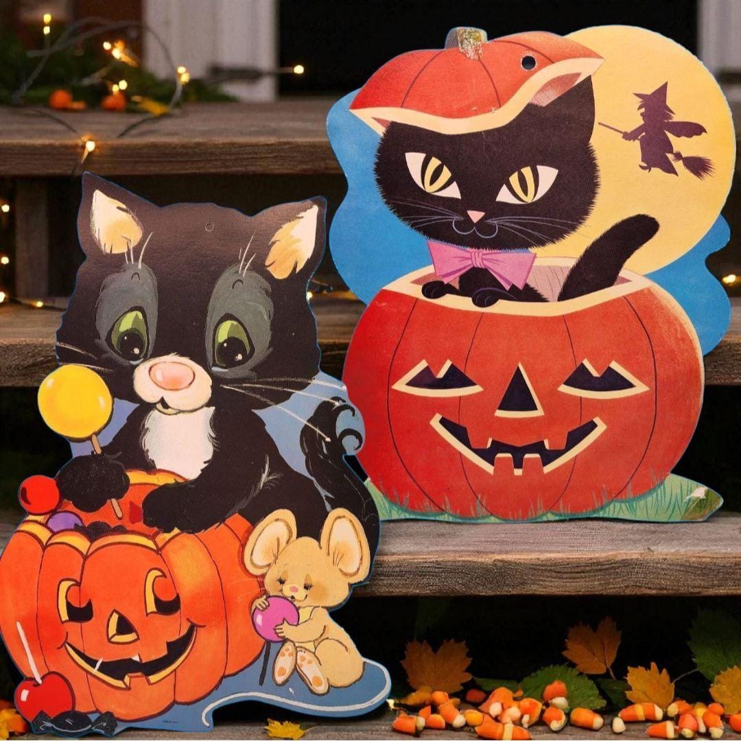 Halloween Die Cut Black Cat Jack O Lantern Pumpkin Double Sided Set of ...