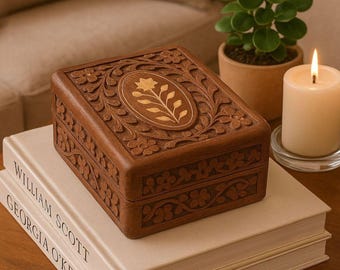 Hand Carved Wooden Keepsake Box with Floral Inlay | Vintage Jewelry Storage Trinket Chest | Boho Rustic Home Décor Gift