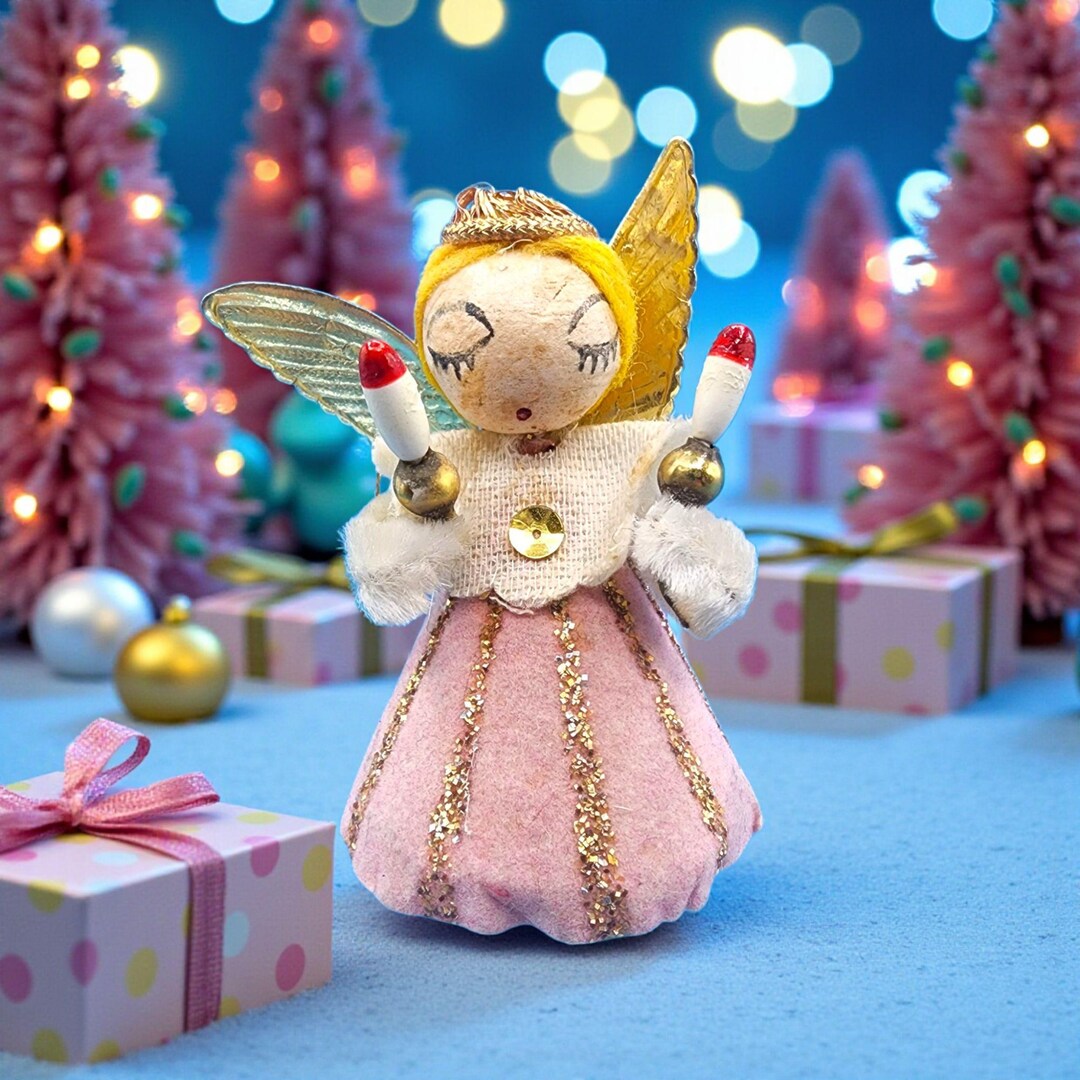 Vintage Angel Ornament Pink Flocked Holding Candles Spun Cotton Foil ...