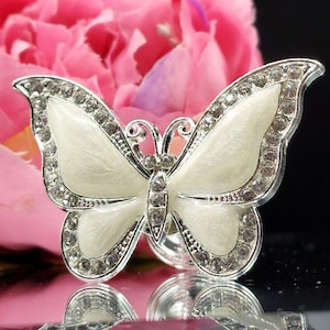 May include: A silver-toned butterfly brooch with a cream-colored enamel body and clear crystal accents. The brooch has a detailed design with a reflective surface, and is set against a blurred floral background.