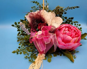 Victorian Parasol Ornament Roses Tulle Pearls Umbrella Dark Satin Pink Fringe V1