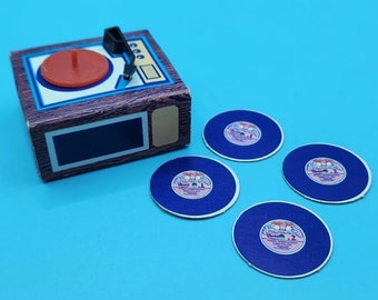 Vintage Miniature Record Player Cardboard And 4 Records Doll Tammy Barbie SIze