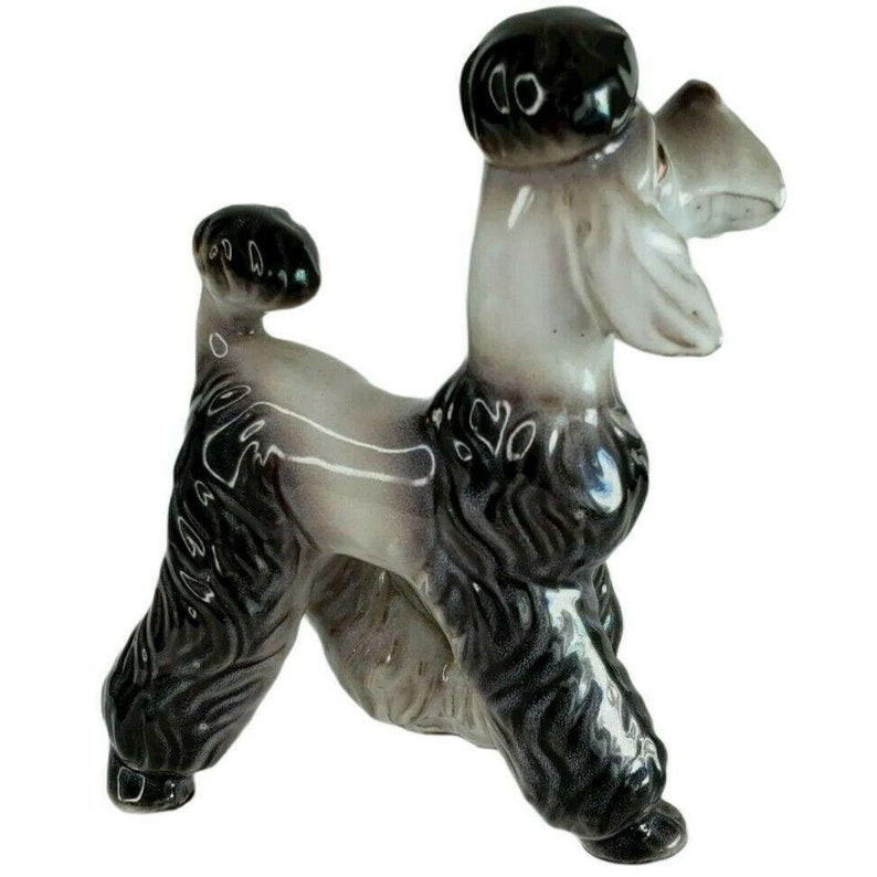 Vintage French Poodle 1950s Figurine Dog Silver Gray Pink MCM FeFe