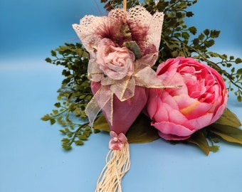 Victorian Parasol Ornament Roses Tulle Pearls Umbrella Dark Satin Pink Fringe V2