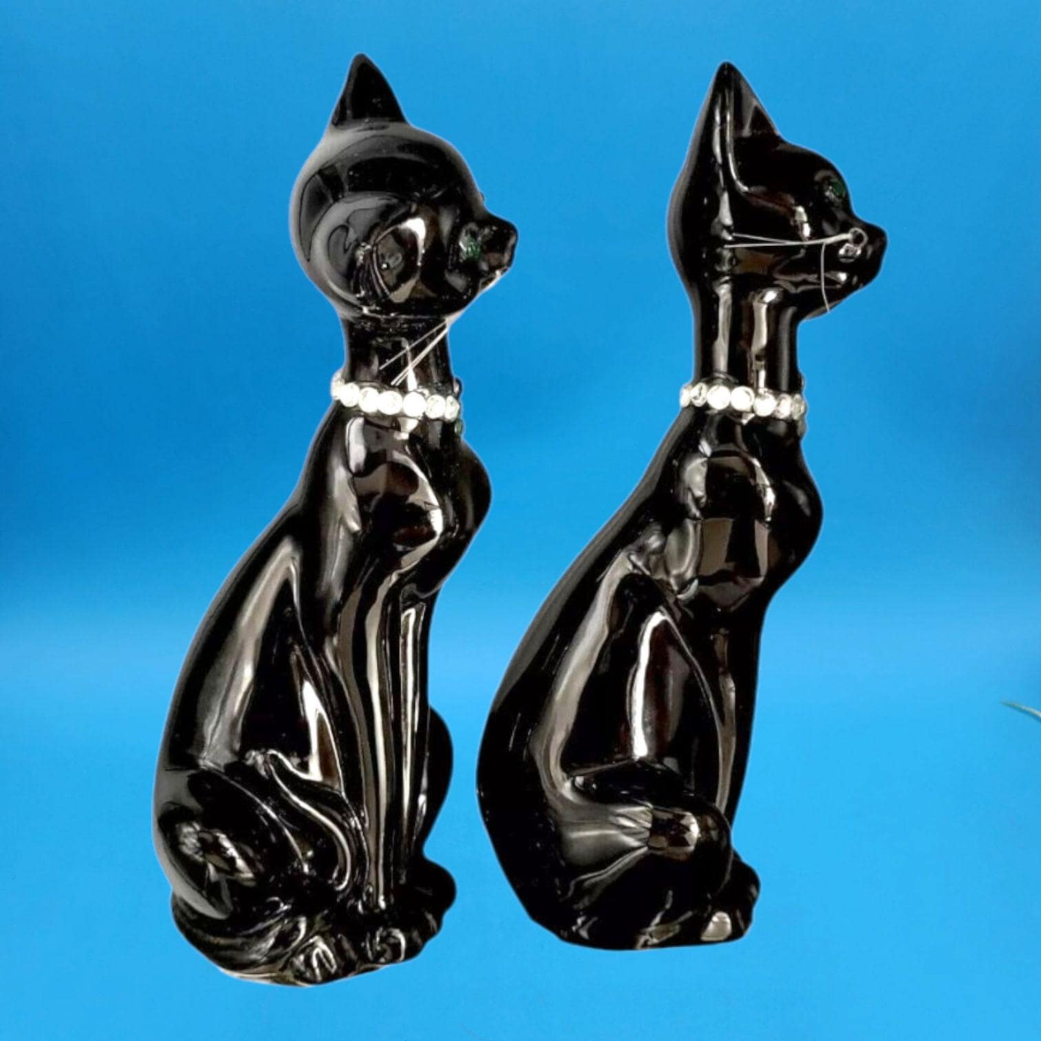 Black Cat Figurines Green Rhinestone Eyes & Jewel Collars Brinns