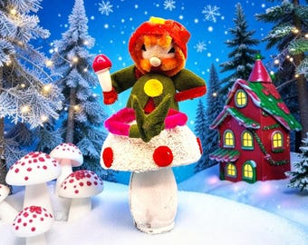 Vintage Shiny Brite Pixie Elf Mica Glitter Spotted Mushroom Christmas Ornament 1950s MCM Chenille Felt Cardboard Spun Cotton Red Yellow v1