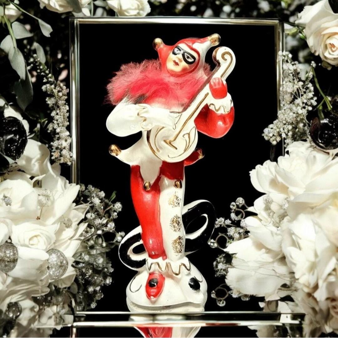 Harlequin Jester Ballerina Figurine Sonsco Fur Collar Japan Red
