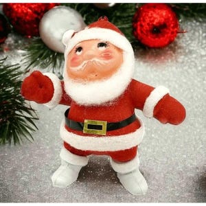 Vintage Santa Claus Ornament Red Flocked Christmas Kitsch Dancing Santa