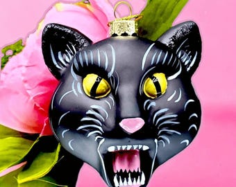 Halloween Black Cat Glass Ornament Gothmas Tree Scardy Cat Hissing Cat Ornament 3"Lux Halloween Ornament