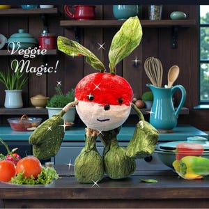 May include: A radish-shaped figure with a red and white round body, green leafy ears, arms, and legs. The figure has small black eyes and a simple mouth. The text "Veggie Magic!" is visible on the left side. The figure is set against a kitchen.