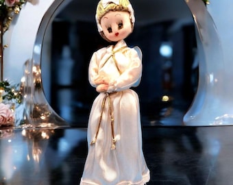 Vintage Angel Tree Topper With Sleepy Eyese Tulle Wings Satin Dress Blonde Hair Table Top 12 inch