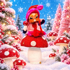 May include: A hanging ornament featuring a gnome with a pink hat, orange beard, and white coat, perched atop a large red mushroom with white spots. The gnome holds a small red mushroom in one hand, set against a snowy, festive winter scene.