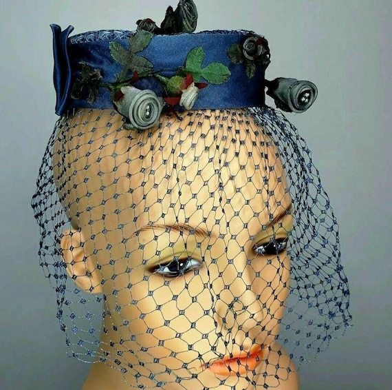 Vintage Fascinators 50s Hat Millinery Blue Roses N
