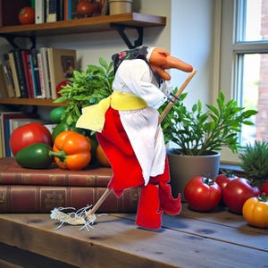 Puede incluir: Muñeca de la Befana hecha a mano, una figura navideña italiana tradicional. La muñeca lleva una blusa blanca, una falda roja y una faja amarilla. Sostiene una escoba. El fondo incluye tomates, pimientos y libros.