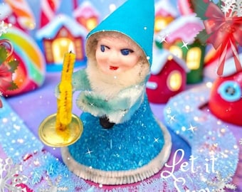 Vintage Elf with Horn Ornament Blue Mica Snow Chenille Flocked Hat Putz Christmas Decor 1950s Japan