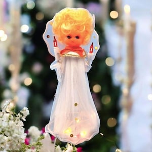 Vintage Angel Lighted Tree Topper Blue Eyes Blonde Hair Tulle Wings -Plug-In Multicolor Lights - Christmas Decoration Mantel Display
